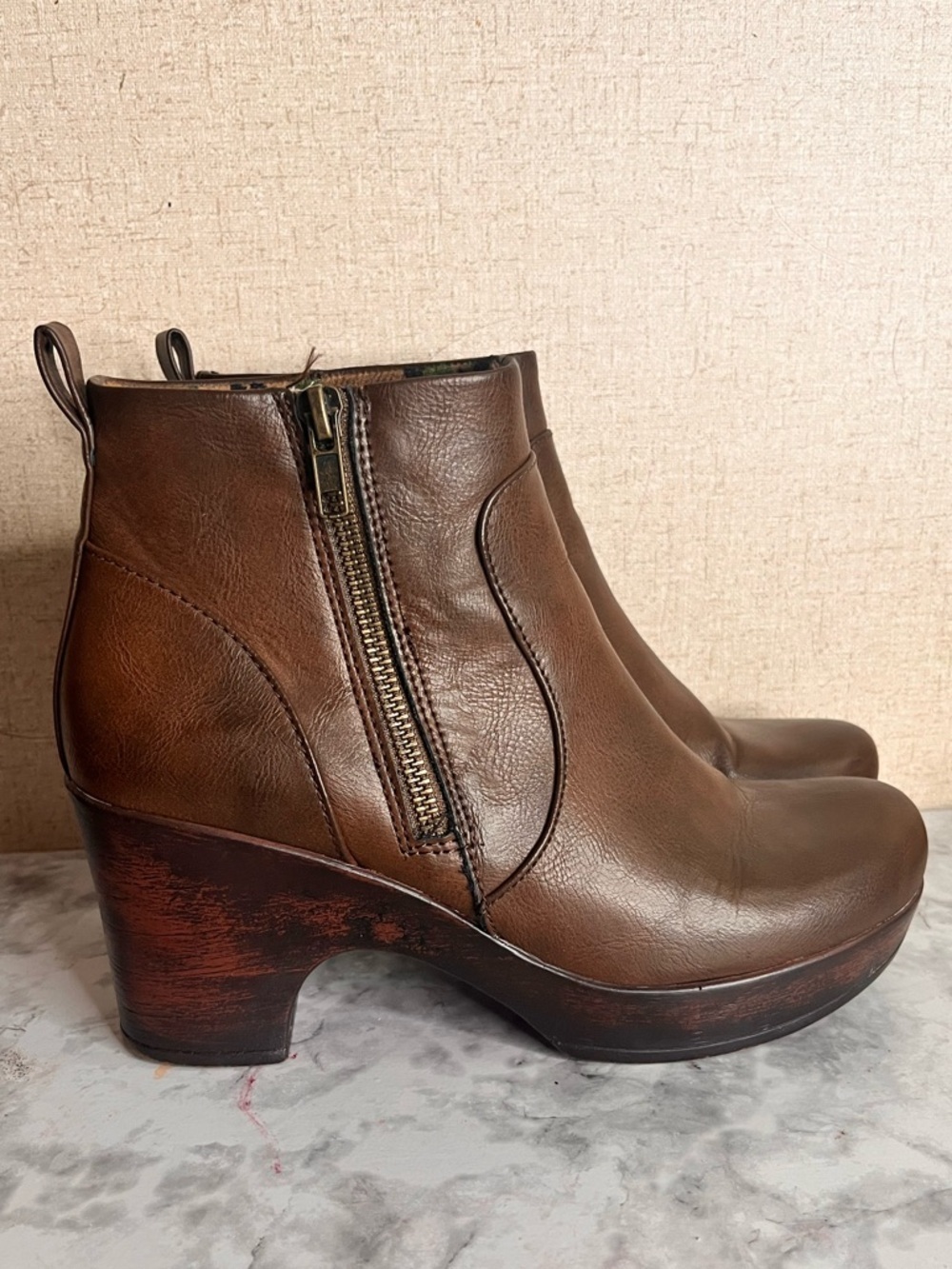 b.o.c. Brown Leather Ankle Booties with Side Zip and Wooden Heel